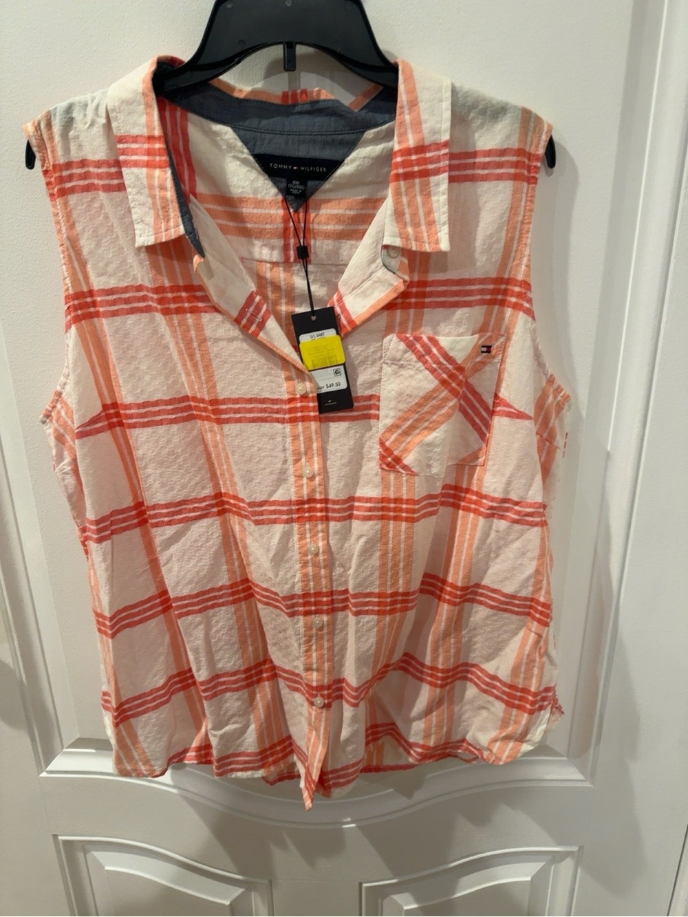 Tommy Hilfiger Women’s XXL Sleeveless Plaid Button Down Shirt NWT Coral White
